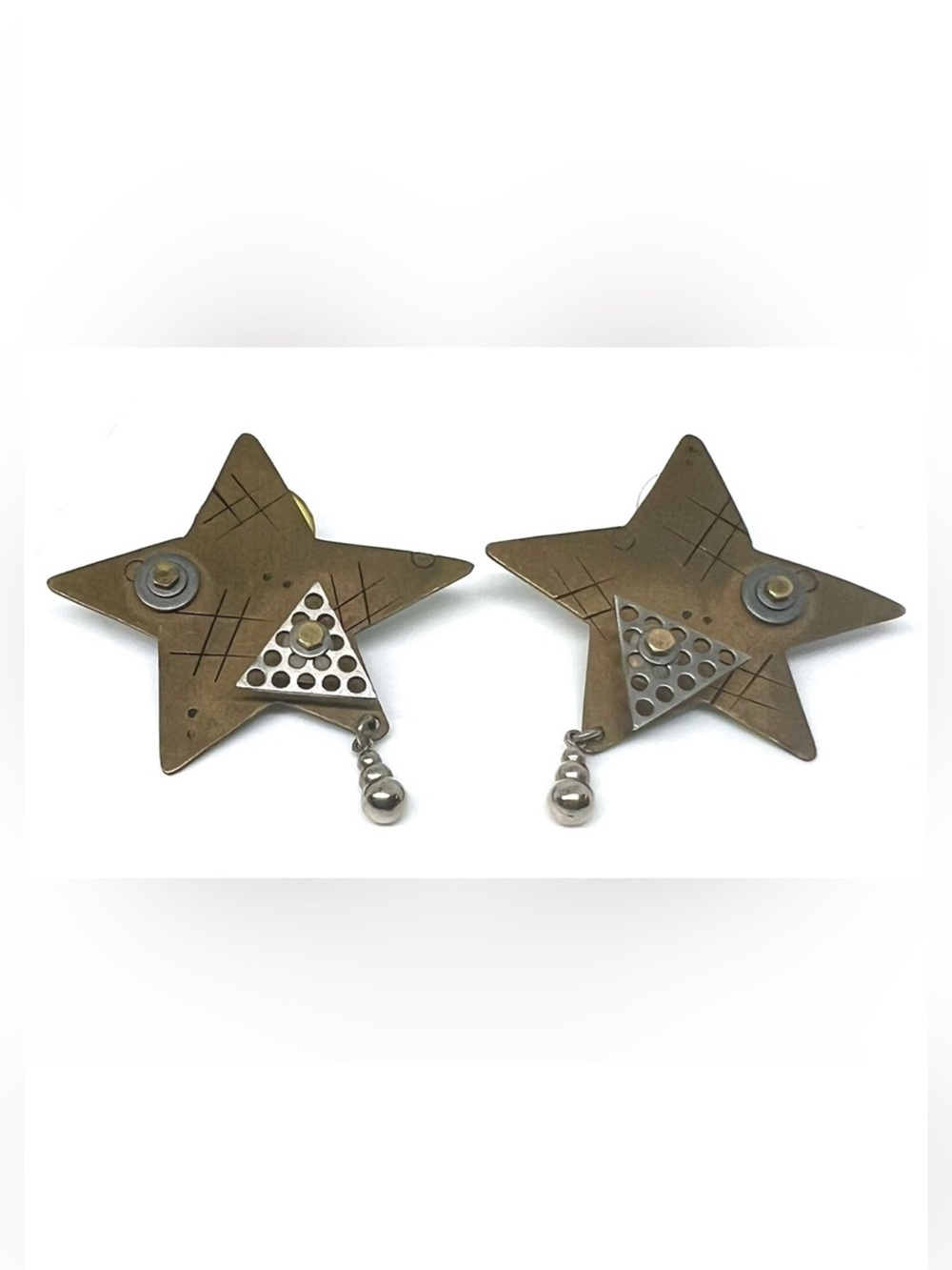 Vintage Artist Signed Thomas Mann Bronze Techno Romantic Star Statement Earrings
